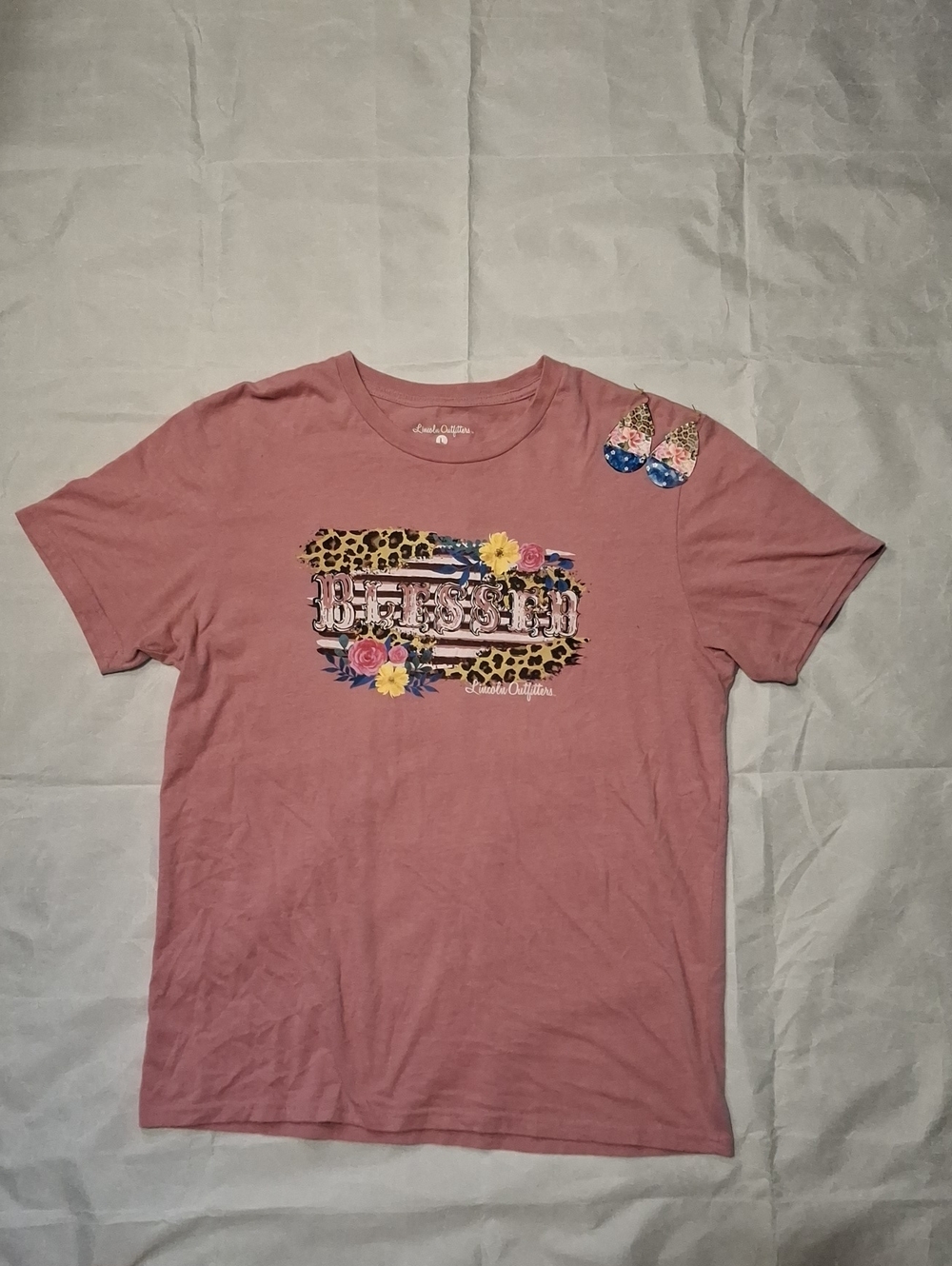 Junk Food Clothing Girls Dusty Pink Graphic Tee with Floral & Leopard Motif